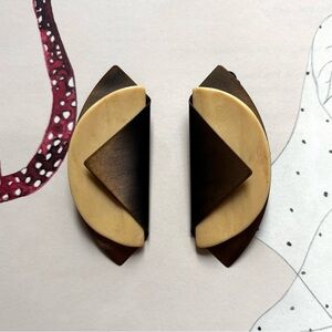 Vintage Brass and Bone Clip-on Modernist Statement Earrings